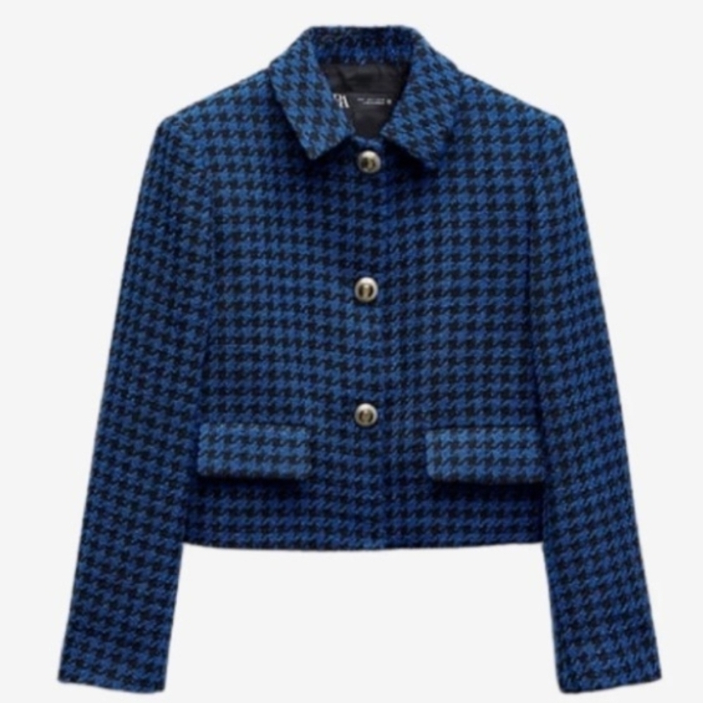 ZARA  Houndstooth Textured Tweed Cropped Blazer Jacket Sz M Blue Black